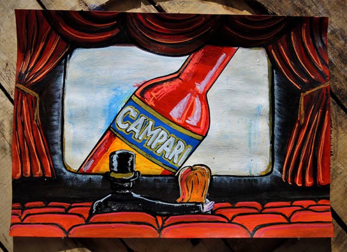 Campari poster art couple in cinema theater
