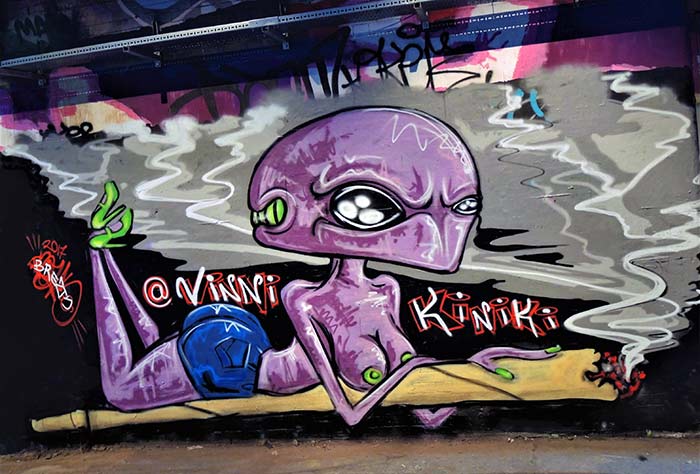 alien graffiti girl topless riding a spliff by Vinni Kiniki
