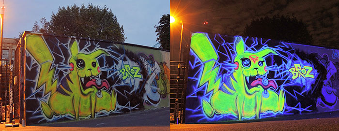 black light pikachu graffiti mural Vinni Kiniki