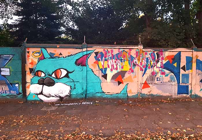 photo of a large cat street art mural in warsaw Poland by vinni kiniki