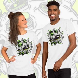 couple wearing matching alien virus t-shirt
