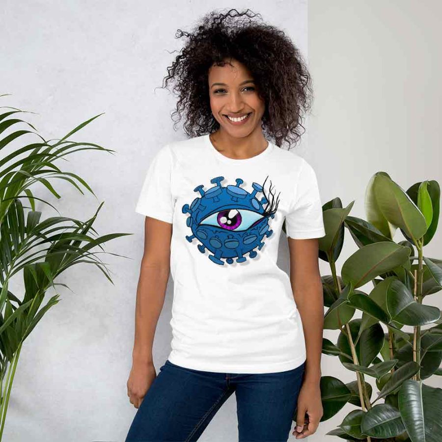 lady wearing corona virus inspired viral eyeball t-shirt