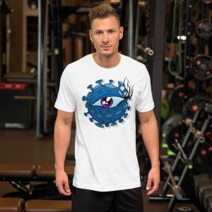 man wearing viral eyeball t-shirt