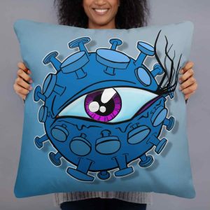 Woman holding a large blue eyeball virus pillow by Vinni Kiniki