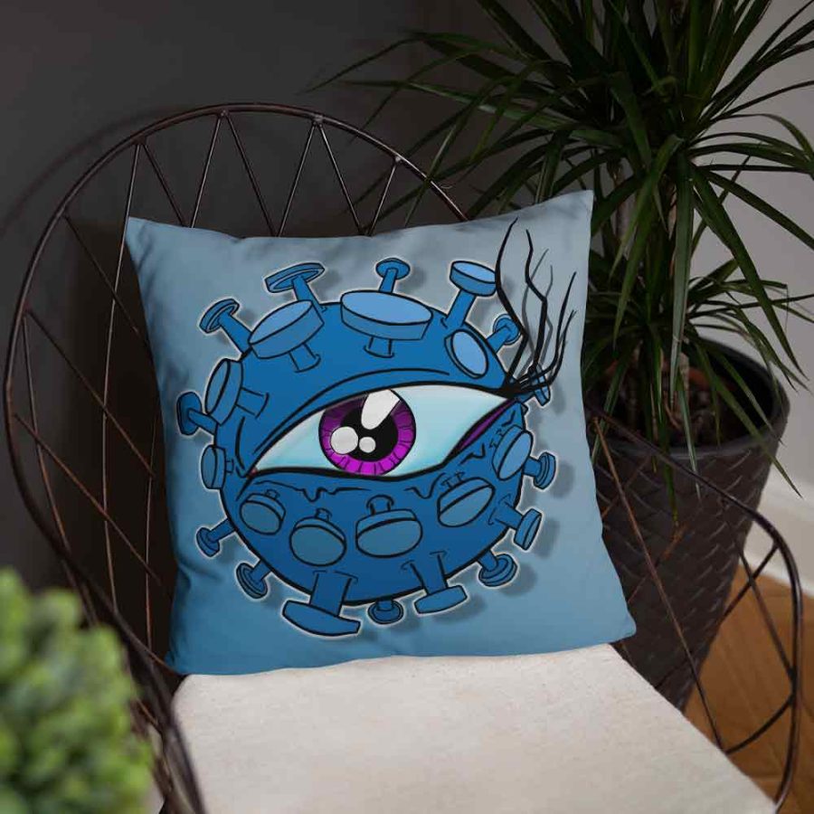 Large blue cushion with eyeball virus print