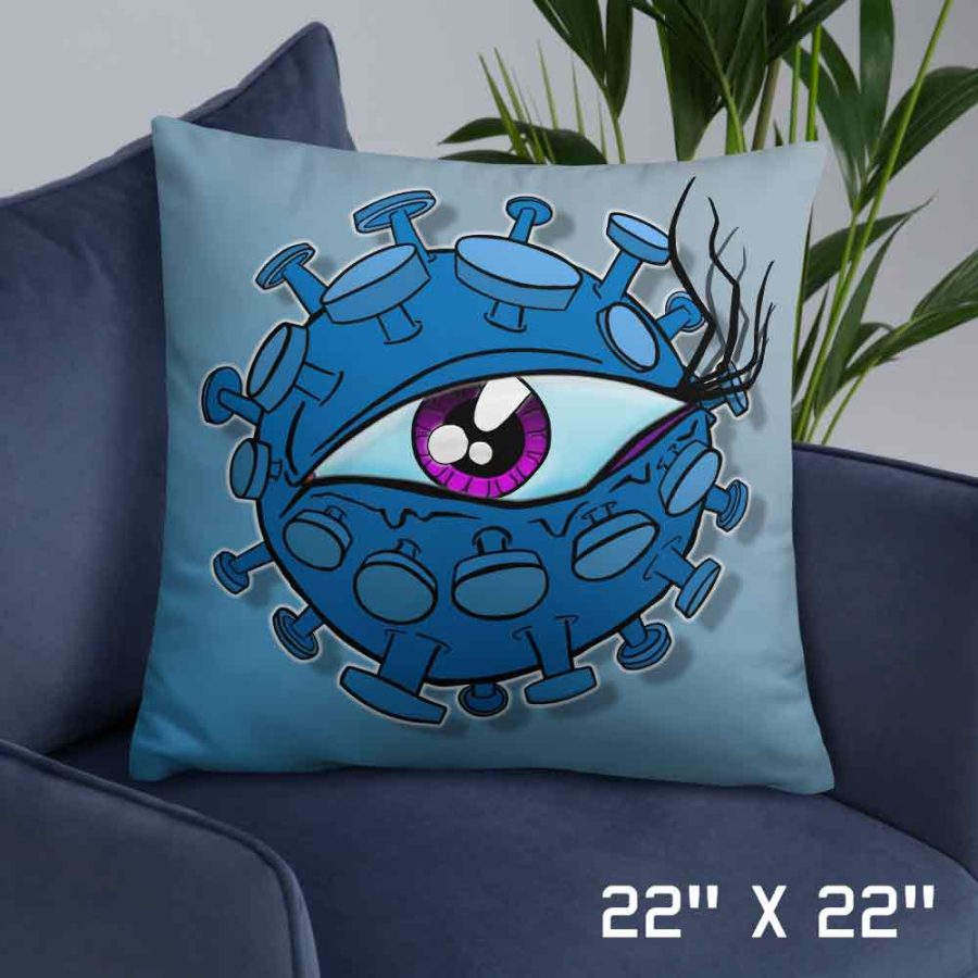 Large virus eyeball cushion on sofa