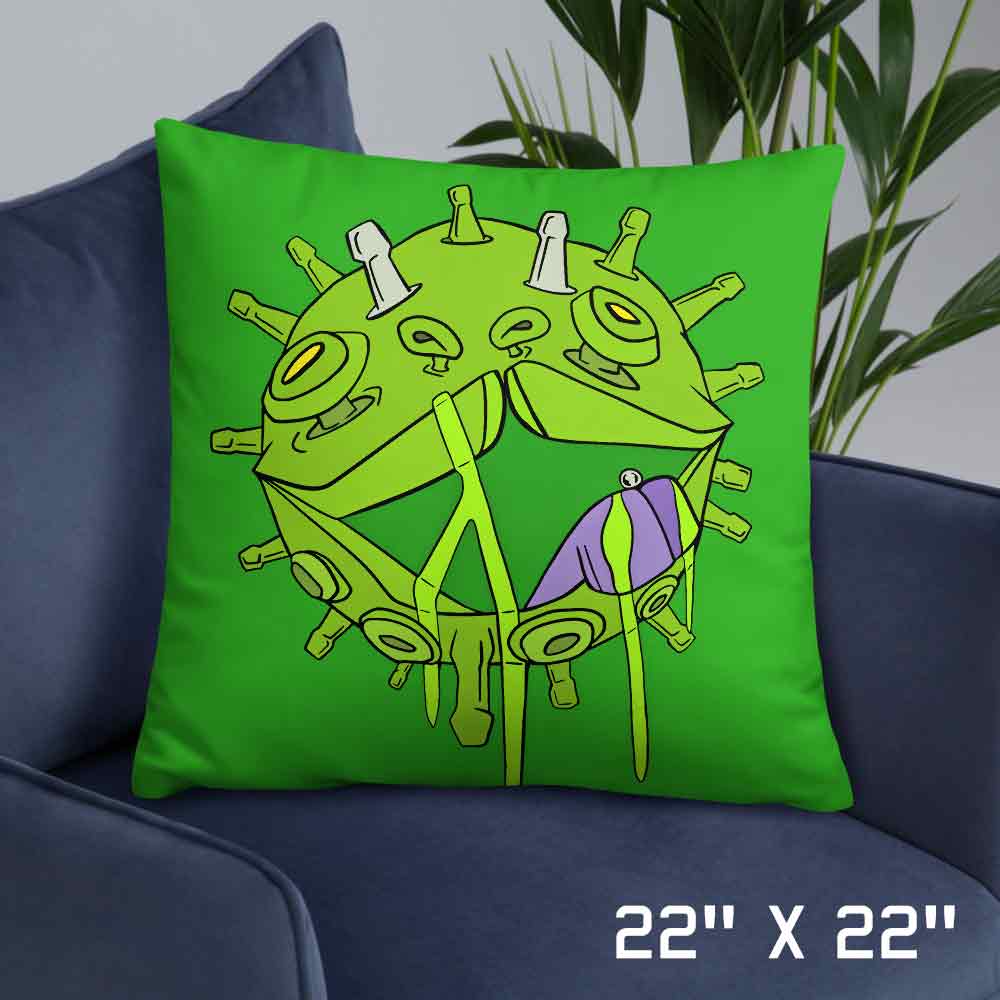 Coronavirus inspired art print on green pillow 22 x 22 large