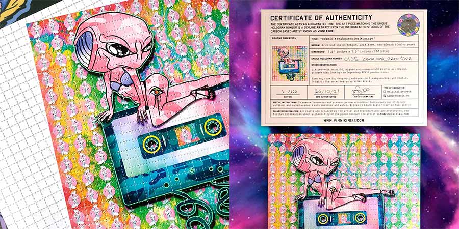 ViNNi KiNiKi LSD blotter acid art print alien cassette tape