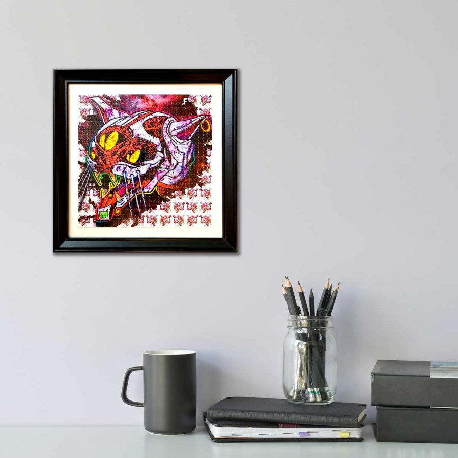 Framed LSD blotter Acid art print cat design hung on wall in office environment