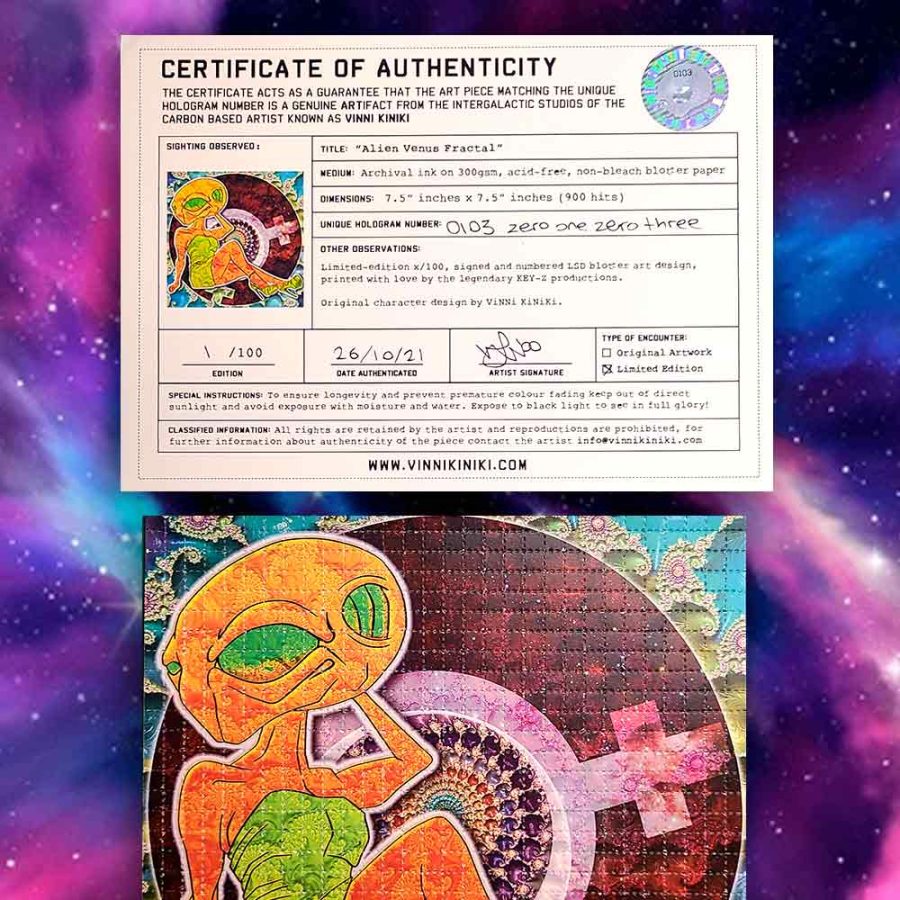 signed and numbered Lsd blotter art with certificate of authenticity by artist ViNNi KiNiKi on a galaxy background
