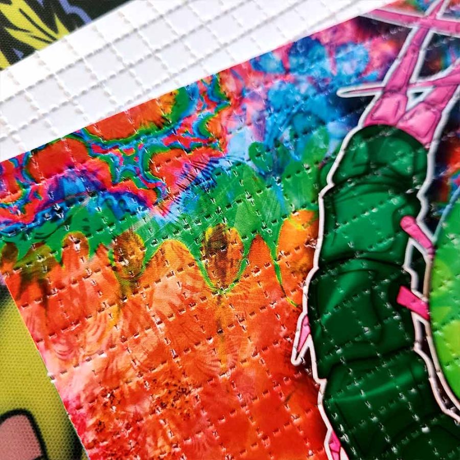 close up photo of lsd blotter acid art print psychedelic colours