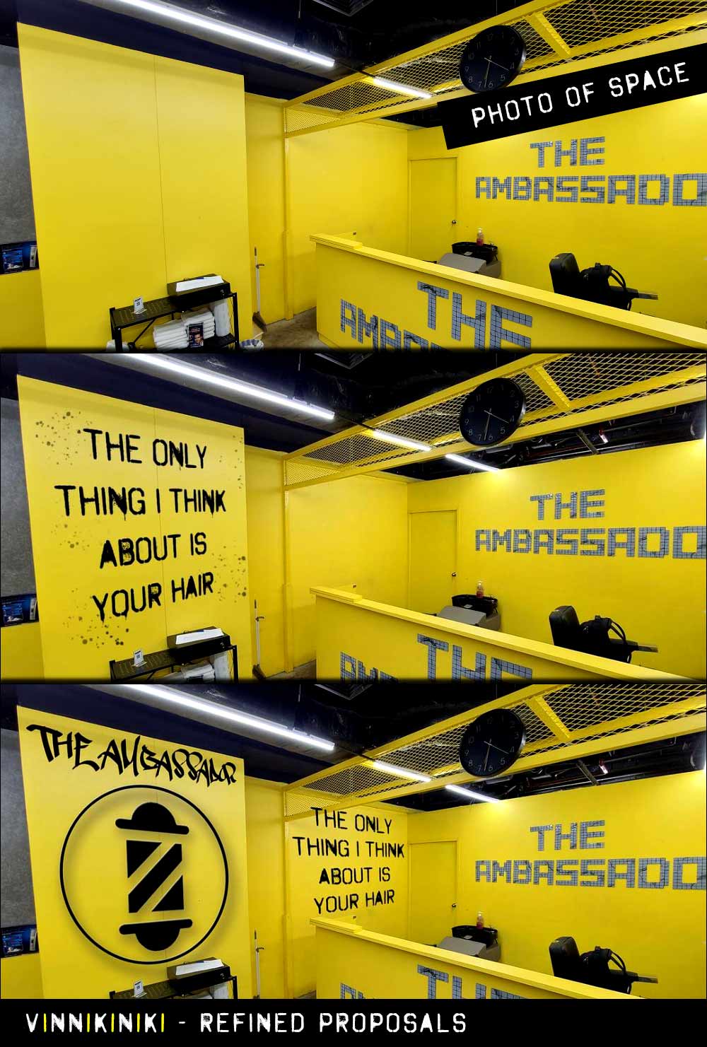 Graffiti mural with sketchy stencil style lettering digital proposal mock ups for The Ambassador Barbershop, Bangkok by Vinni Kiniki