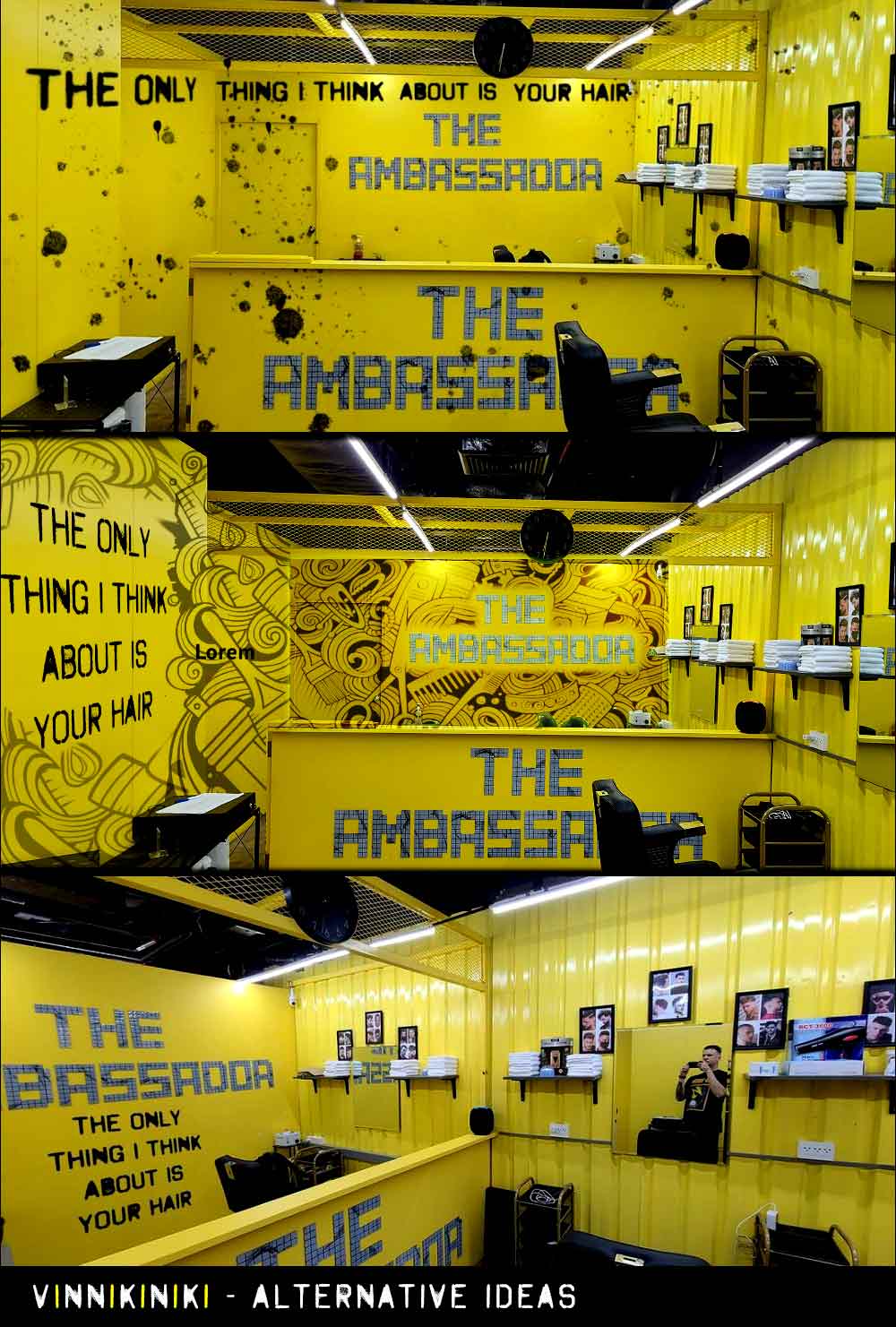 Graffiti mural stencil style lettering digital proposal mood board for The Ambassador Barbershop, Bangkok by Vinni Kiniki