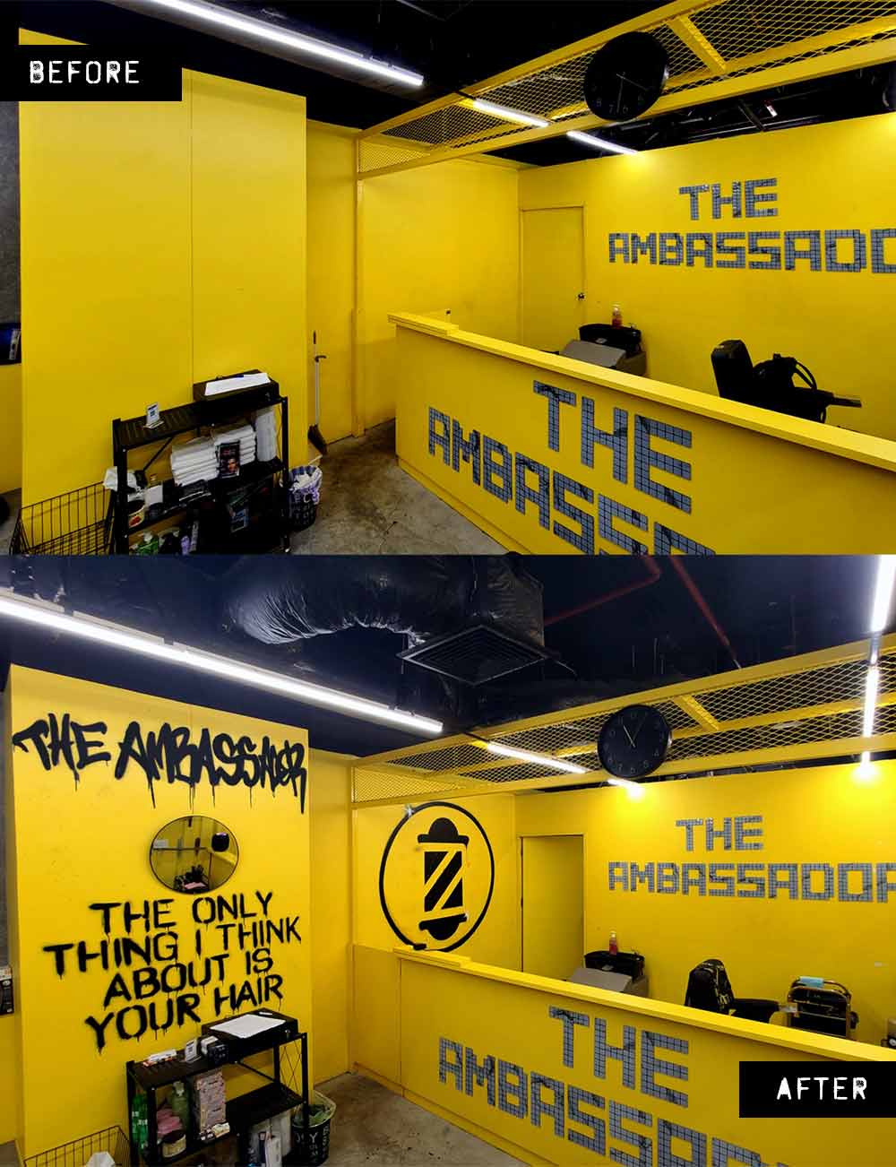urban lettering graffiti mural before and after photos with sketchy stencil style lettering on bright yellow walls inside The Ambassador Barbershop, Bangkok by artist Vinni Kiniki