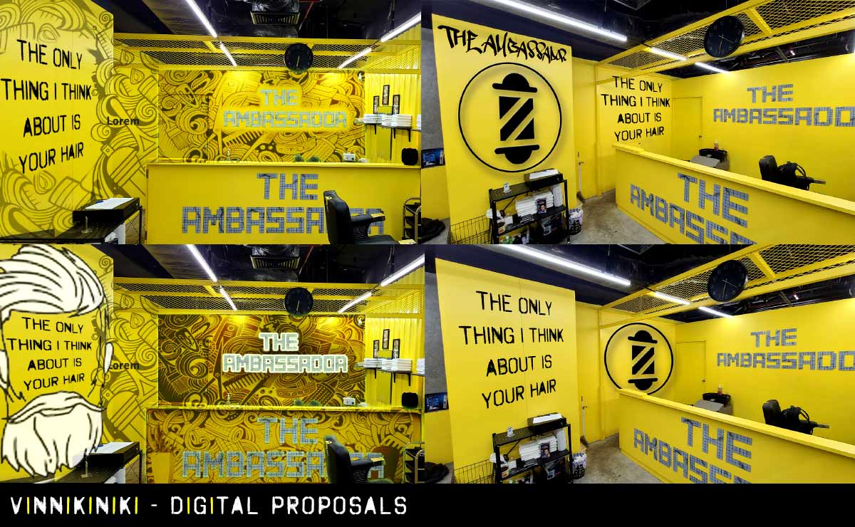 Urban graffiti mural with sketchy stencil style lettering digital proposal mock ups for The Ambassador Barbershop, Bangkok by Vinni Kiniki
