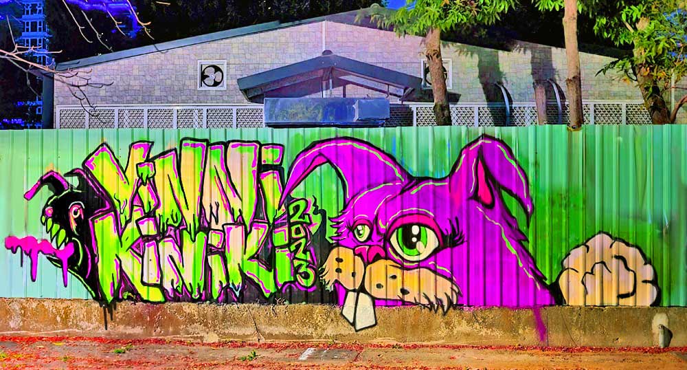 Pink bunny graffiti mural celebrating Chinese New Year in Kaohsiung, Taiwan by street artist ViNNi KiNiKi