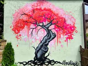 Cherry Blossom Graffiti Mural in Poland, Japanese-Inspired Sakura Street Art