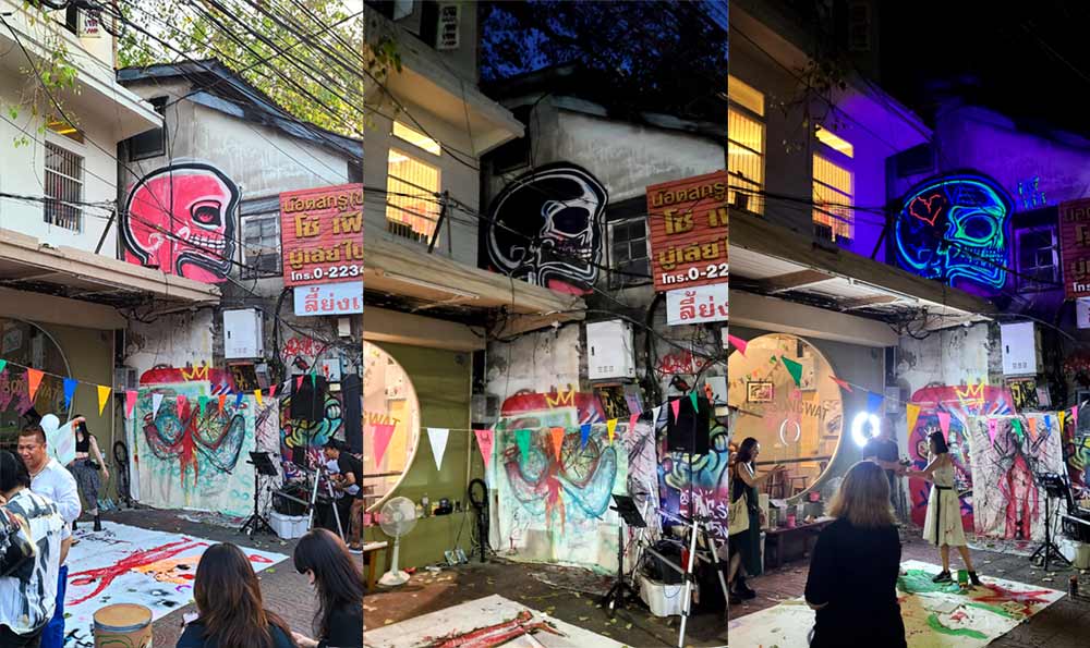 stages of live graffiti event artist painting by Vinni Kiniki for the The Hechyeomoyeo closing party at Hugs Songwat in Bangkok Thailand