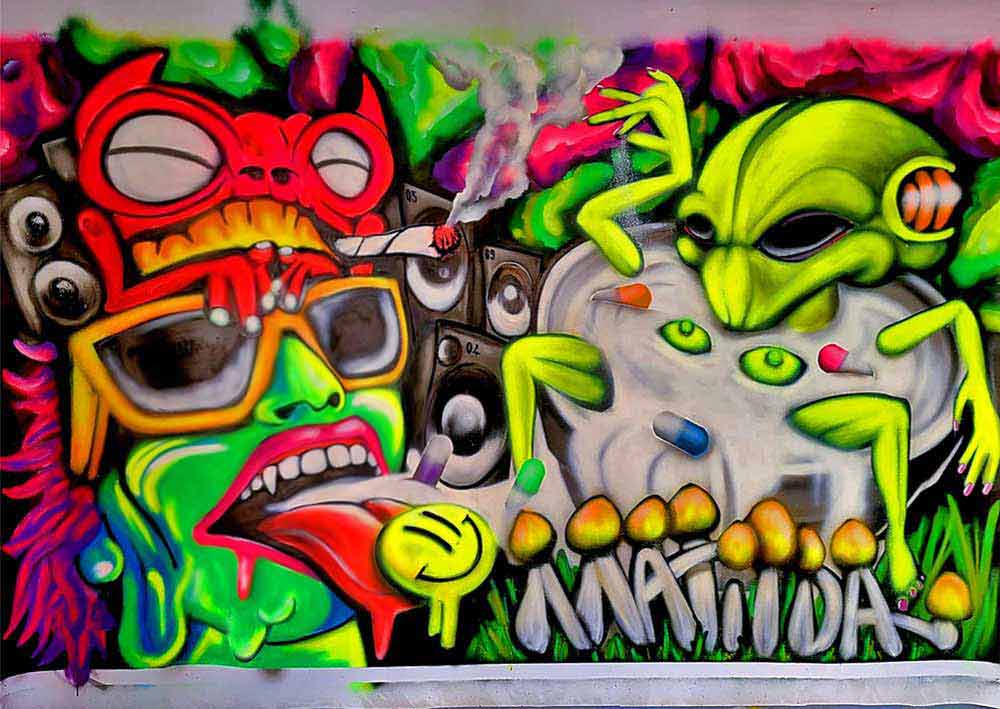 Hand-painted psychedelic mural for rave or birthday party with alien in soup bowl, glowing graffiti and surreal details by artist ViNNi KiNiKi