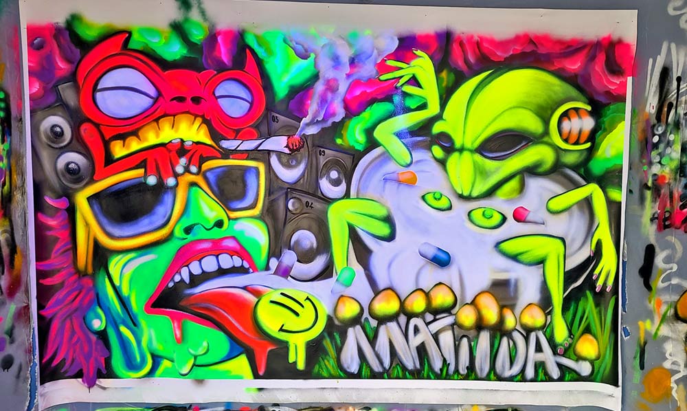 Psychedelic black light graffiti canvas featuring neon alien, trippy toad, and melting face with speakers and mushrooms by ViNNi KiNiKi