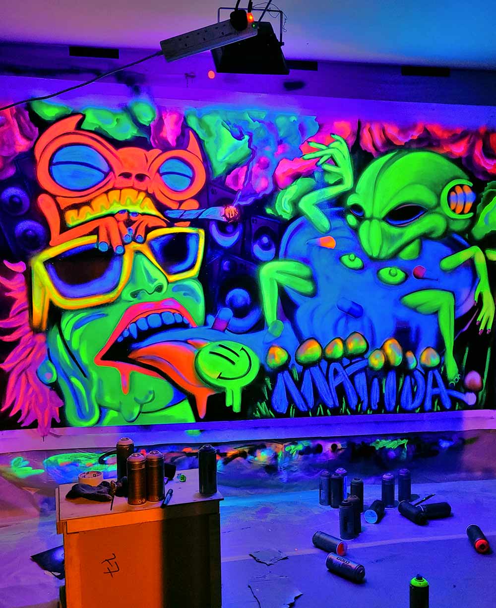 UV-reactive psychedelic festival canvas art with green alien, red toad, bass speakers and neon acid house symbols by ViNNi KiNiKi