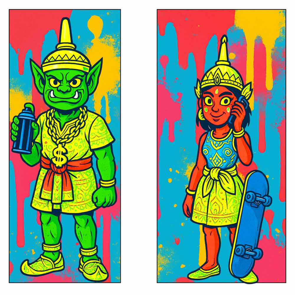 Digital mock-up of black light graffiti character designs for toilet doors at My Thai Manchester, showing pop art style