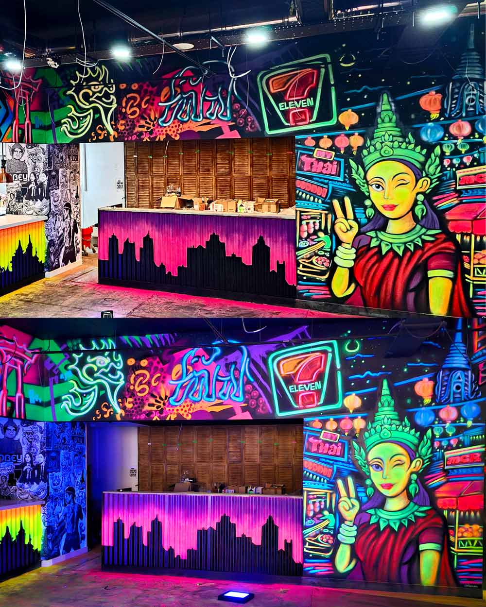 Pop art Thai graffiti mural at My Thai Piccadilly Manchester, UK shown in both daylight and glowing under black light