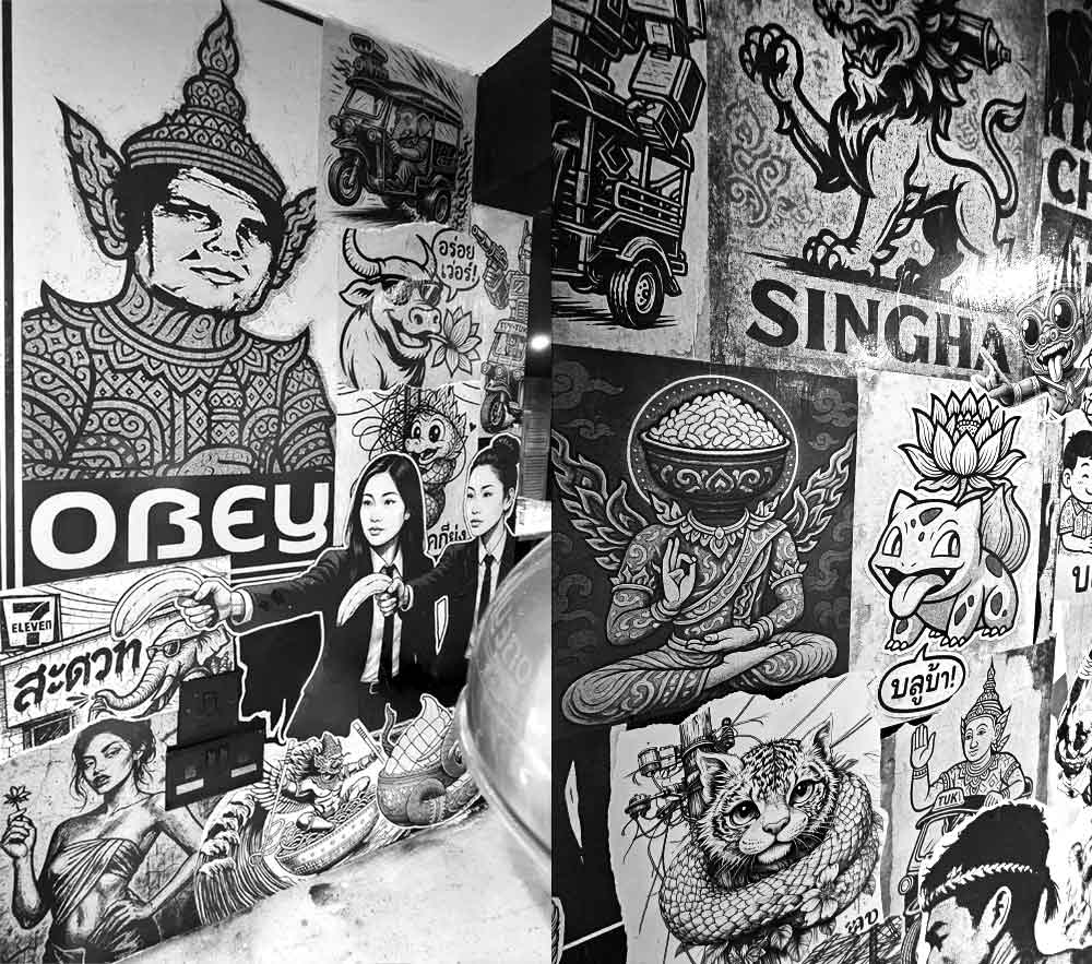 Street poster art column installation at My Thai Manchester, layered Thai-inspired postering with bold urban visuals by artist ViNNi KiNiKi