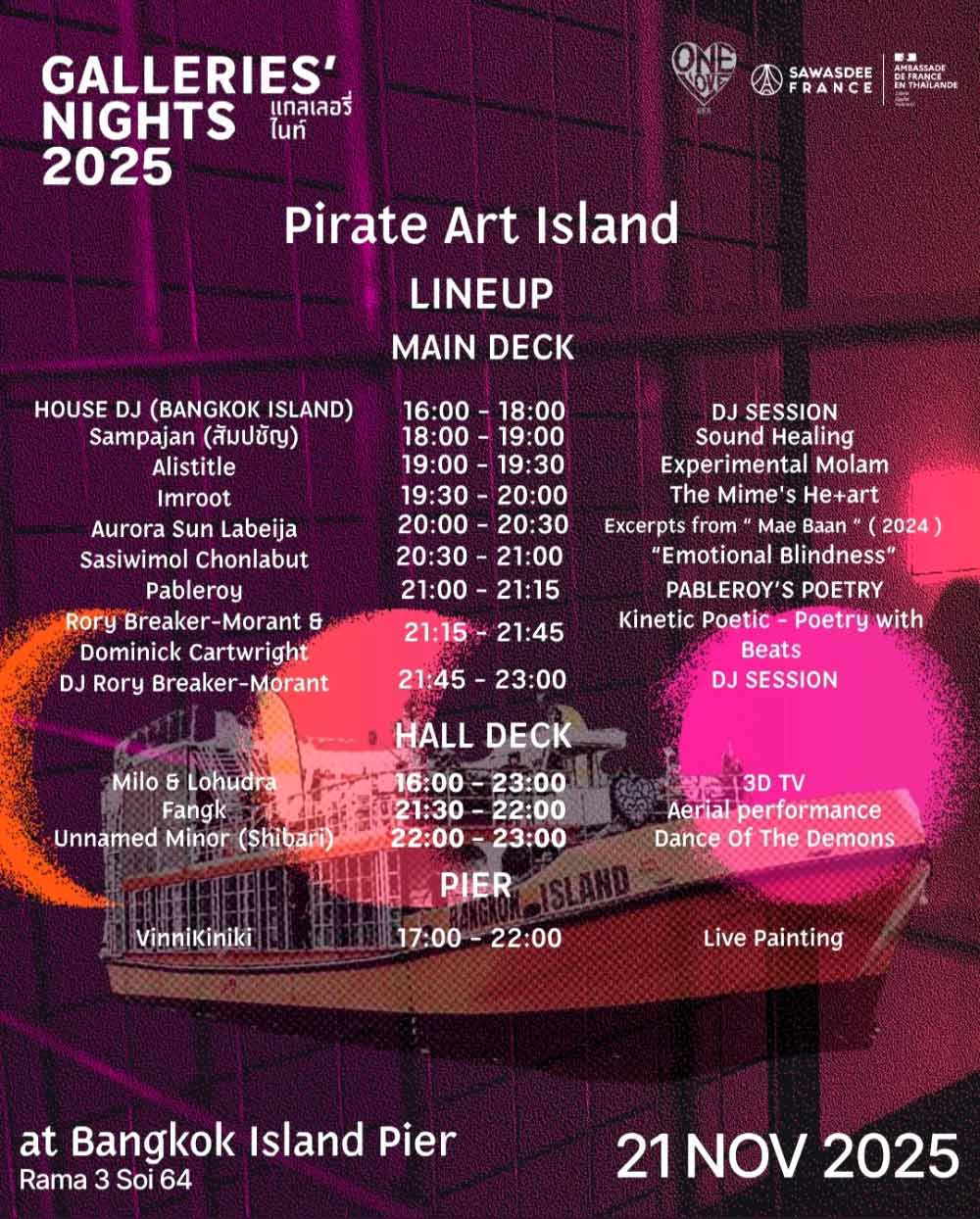 Artist DJ and live performance line up at Bangkok Island during Galleries’ Nights Bangkok 2025.