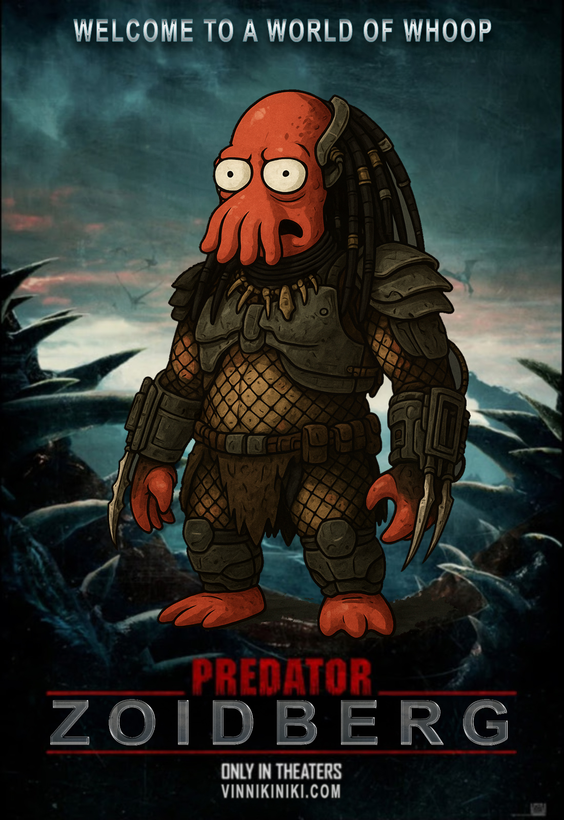 Predator: Badlands Zoidberg mashup fan art poster featuring Futurama’s Dr. Zoidberg dressed as a Yautja hunter from Predator universe, with armor, blades, and sci-fi jungle backdrop. Parody poster remix by artist ViNNi KiNiKi