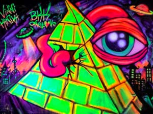 Live Black Light Mural Bangkok: Illuminati Eye Pyramid with UFO